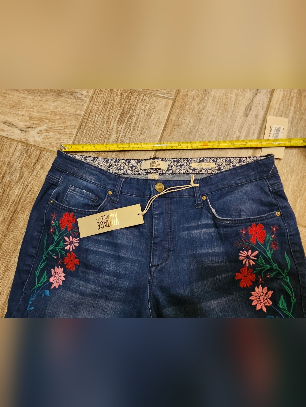 vintage america Embroidered Floral Dark Blue Women’s Jeans - Picture 7 of 8